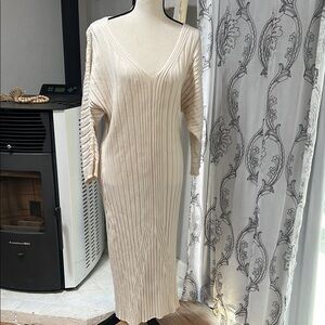 Maeve-Anthropology Cream Dolman Sleeve V-Neck Sweater Dress